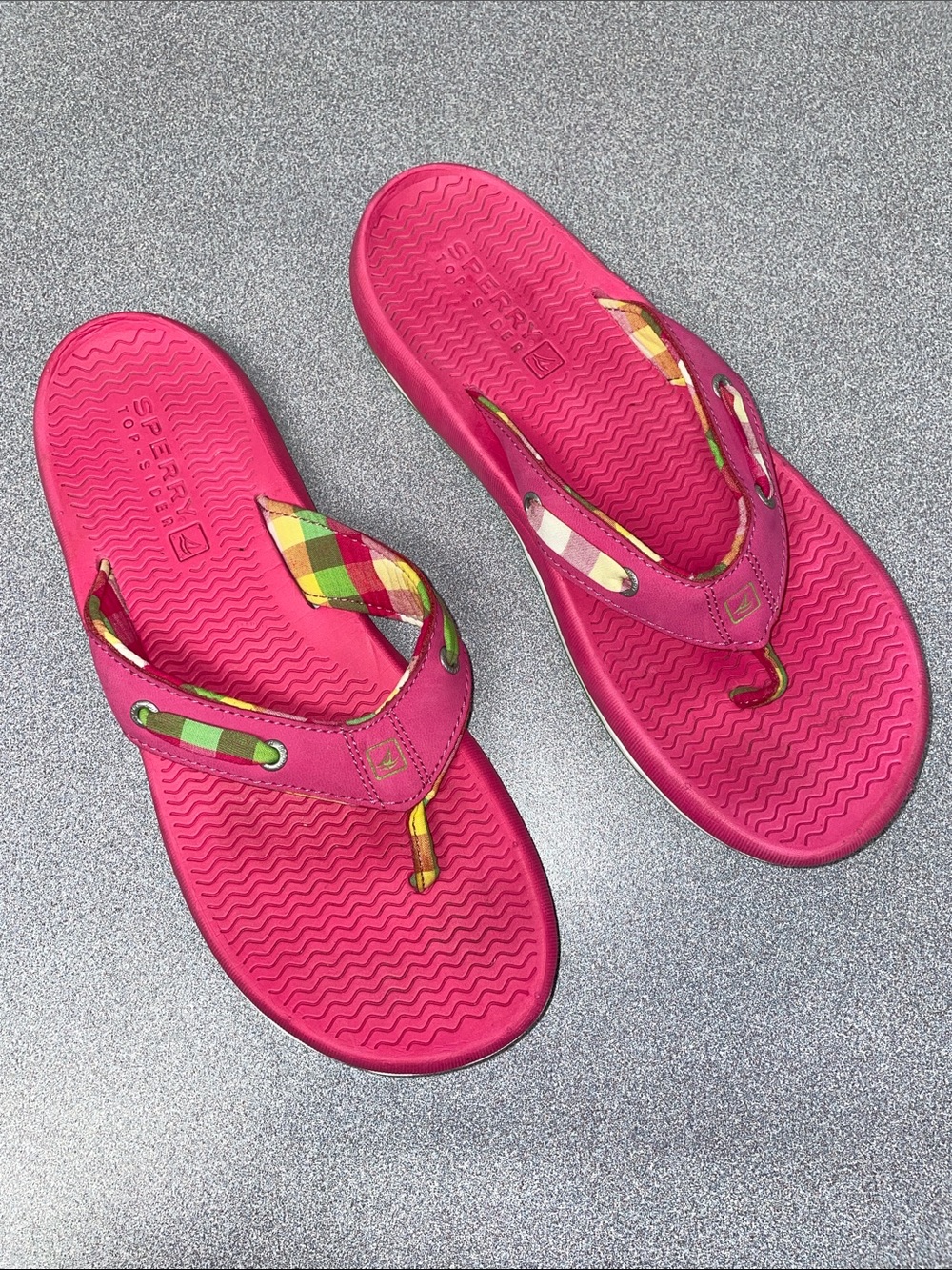 Sperry Hot Pink Flip Flops with Multicolor Plaid Trim